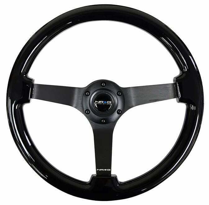 NRG Reinforced Steering Wheel (350mm / 3in. Deep) Blk Leather w/Red Spokes & Sgl Yellow Center Mark